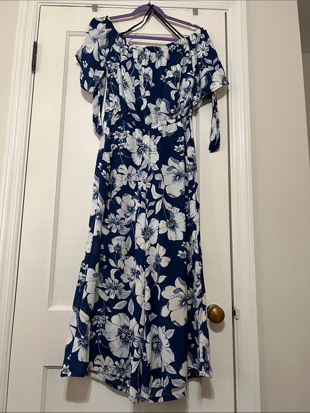 AUW Navy and White Floral Off-Shoulder Maxi cropped leg romper